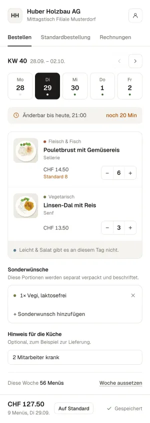 Mittagstisch, ganze Seite am Handy